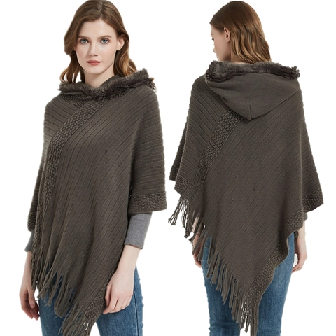 Women Hooded Knitted Poncho Shawl With Faux Fur Trim And Tassels Warm Oversized Solid Color Cape Wrap