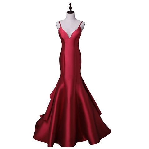 Elegant Satin Mermaid Evening Dress Spaghetti Straps Deep V Neck Lace Up Back Floor Length Formal Gown For Women