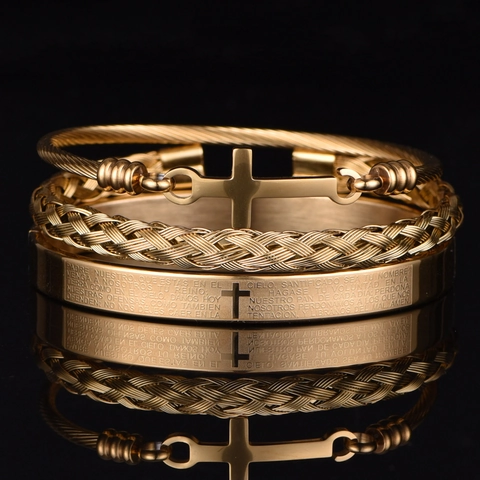 Stainless Steel Cross Bracelet For Men Spanish Padre Nuestro Prayer Scripture Braided Cable Cuff Bangle Religious Jewelry