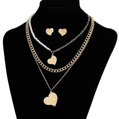 Collana Multistrato Con Pendente A Cuore Martellato E Orecchini Gioielli Acciaio Inossidabile Perla Artificial Boho Vintage Elegante