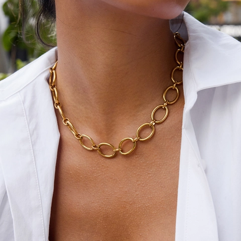 Geometric Oval Link Chain Necklace Gold Plated Stainless Steel Minimalist Waterproof Toggle Clasp For Women