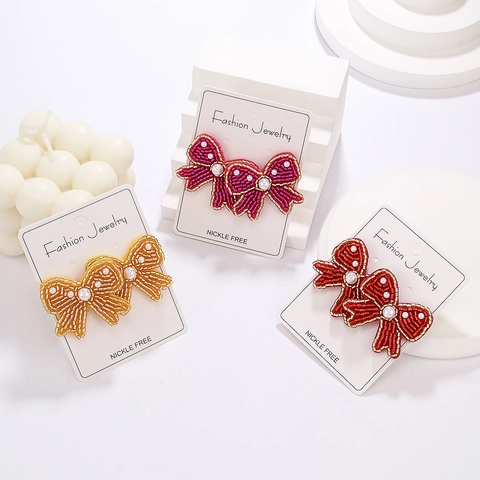 Bohemian Handmade Seed Bead Bow Stud Earrings With Artificial Pearl Inlay Vacation Style Bowknot Earrings For Women