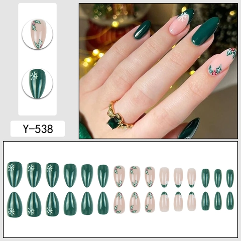 Kerst Press On Nagels Groen Frans Amandel Vorm Sneeuwvlok Patroon Glanzend Kunstnagels Voor Vrouwen