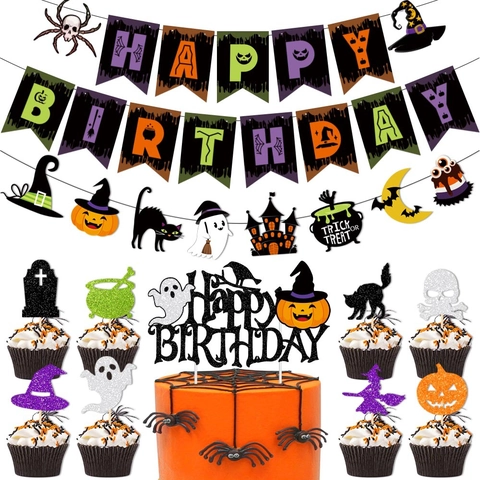 Decorazione Per Festa Di Compleanno Di Halloween Banner Di Carta Cake Topper Fantasma Gnomo Zucca