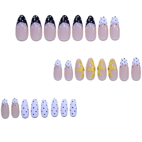 French Almond Press On Nails Black White Polka Dot Yellow Flower Design With Golden Micro Beads Artificial Finger Nails
