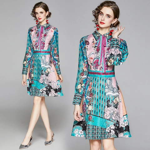 Vrouwen Elegante Print Midi Jurk Lange Mouw Strik Nek A-Lijn Satijnachtig Polyester Retro Overhemdjurk Bloemen