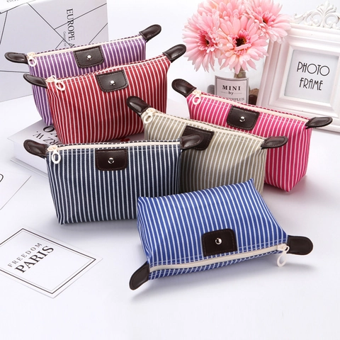 Gestreifte Kosmetiktasche Wasserdichte Nylon Make Up Tasche Mit PU Lederbesatz Tragbarer Reise Kulturbeutel Organiser Damen