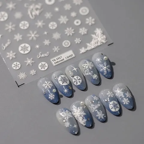 5D Embossed Snowflake Nail Stickers Self Adhesive Relief Winter White Decals For DIY Manicure Art Decoration