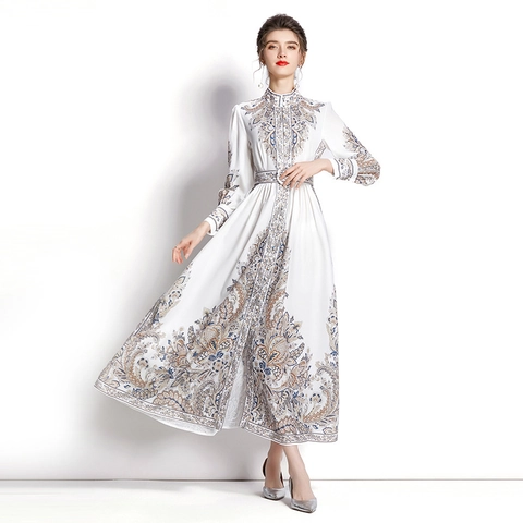 Elegant Vintage Paisley Print Maxi Dress For Women Stand Collar Long Lantern Sleeve With Belt Holiday Vacation Polyester