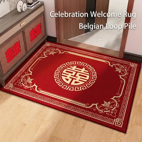 Chinesische Hochzeit Türmatte Rot Gold Doppelglück Muster Rutschfest Polyester Schlingenflor Eingangsbodenmatte Festlich