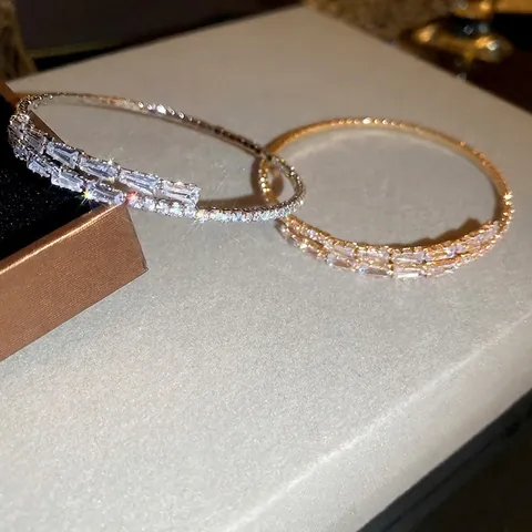 Shiny Zircon Open Bangle For Women Double Row Baguette And Round Inlaid Copper Jewelry Luxury Elegant Style