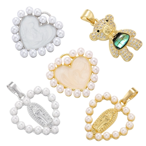 Brass Heart Bear Pendant With Imitation Artificial Pearl Enamel Zircon Shell Inlay DIY Jewelry Accessory Portrait Relief For Women