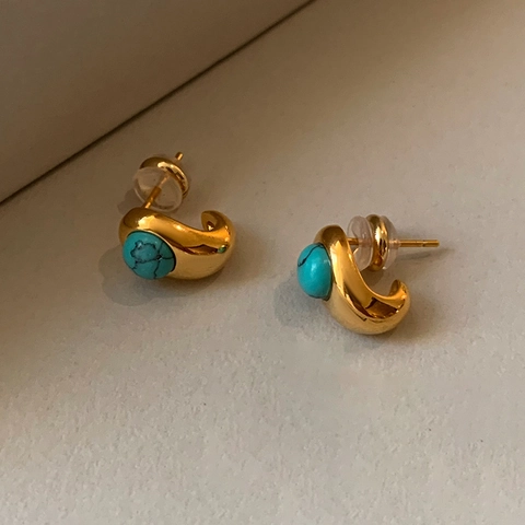 Orecchini A Lobo Rotondi Con Turchese E Silver Earring Post Rame Placcato Oro 18K Forma C Gioielli Vintage Donna