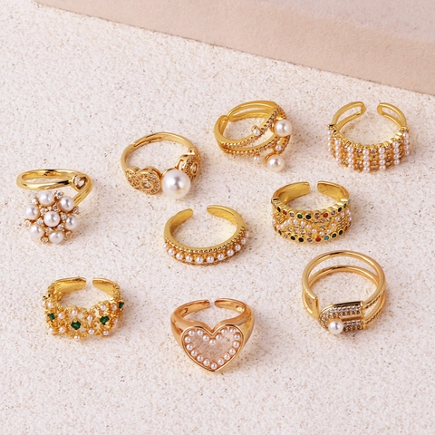 Copper Artificial Pearl Rings Adjustable Open Geometric Gold Plated With Cubic Zirconia Fashion Elegant Jewelry For Women