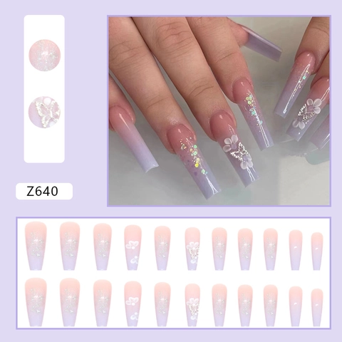 Unghie Finte Long Coffin Sfumatura Viola Rosa Farfalla Floreale Glitter Eleganti Unghie Per Donne