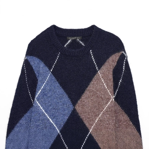 Pull en Maille Vintage à Motif Losanges pour Femme Manches Longues Col Rond Pullover Pelucheux Multicolore Style Preppy Casual