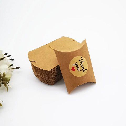 Kraft Paper Pillow Candy Gift Box For Wedding Party Favor Jewelry Packaging With Heart Thank You Sticker Cardboard Foldable