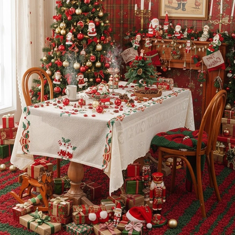 Christmas Tablecloth Rectangular Polyester Lace Embroidered Santa Reindeer Bells Beige Kitchen Dining Room Holiday Decor