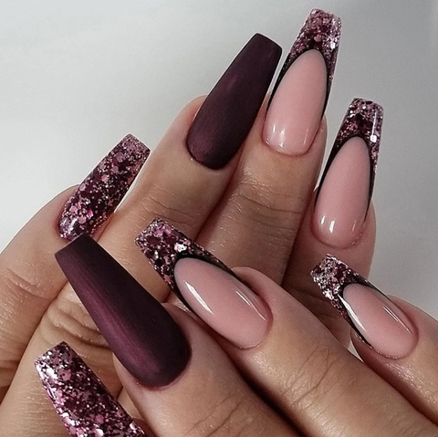 Long Coffin Press On Nails Matte Burgundy French Tip Glitter Shimmer False Nails For Women Girls