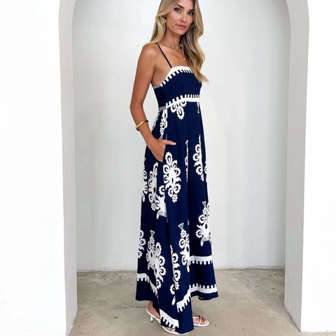 Robe Maxi Imprimé Floral Ethnique Bohème Dos Nu À Bretelles Taille Haute Ligne A Mode De Plage Vacances Pour Femmes