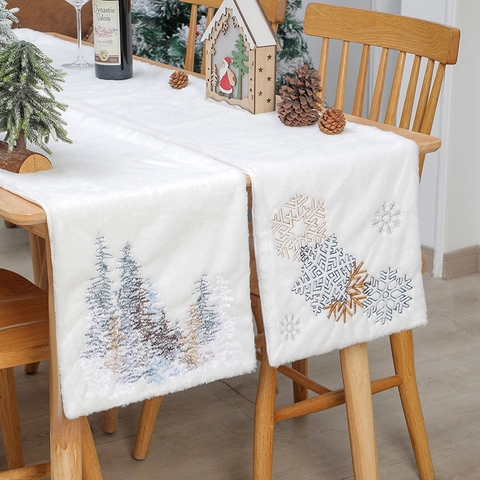 Christmas Table Runner White Faux Rabbit Fur Snowflake Tree Embroidery Plush Winter Holiday Home Kitchen Dining Decor