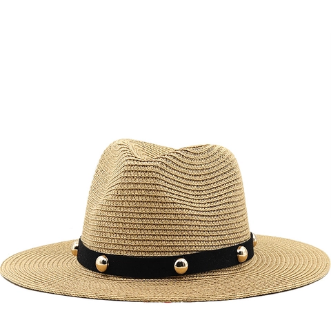 Straw Fedora Hat Wide Brim Rivet Decor Summer Beach Sun Protection Vintage For Men Women