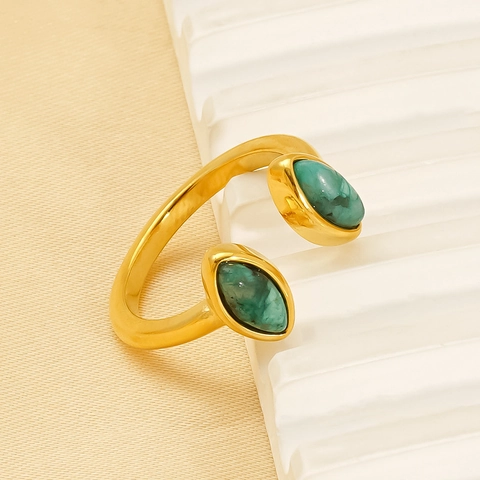 Retro Natural Stone Open Ring 18K Gold Plated Stainless Steel Adjustable Waterdrop Marquise Gemstone Jewelry Women