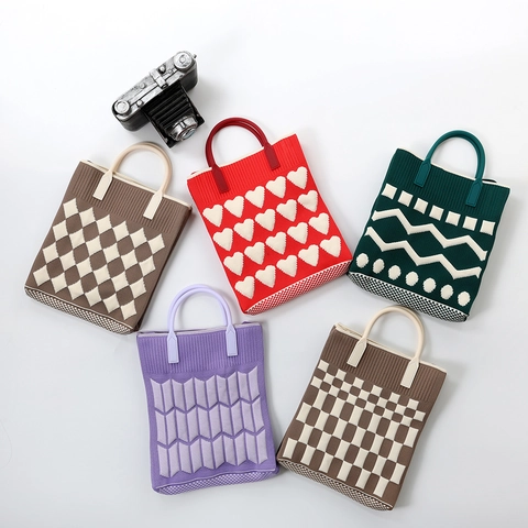 Gestrickte Baumwolle Tote Bag Handtasche Mit Herz Und Geometrischen Mustern Lässige Schulter Umhängetasche Mode