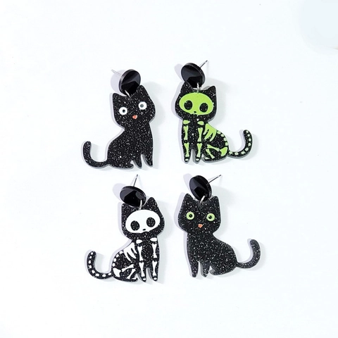 Orecchini A Goccia Scheletro Gatto Nero Halloween Acrilico Gioielli Gotici Osso Di Animale Con Perno In Argento