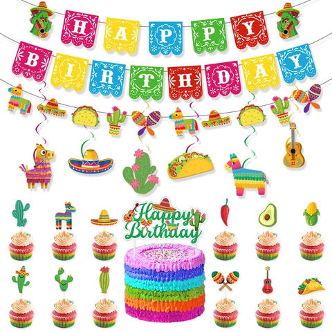 Décoration De Fête D Anniversaire Mexicaine Fournitures Bannière En Papier Toppers De Gâteau Ballons Spirales Pour Événement