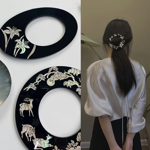 Vintage Chinese Style Hair Stick Shell Inlay Mother Of Artificial Pearl Flower Deer Pattern Handmade Wood Hairpin For Women