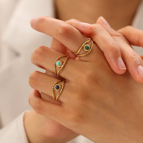 Anello Aperto Malocchio in Acciaio Inossidabile Placcato Oro 18K Donna Vintage Regolabile Pietra Naturale Malachite Anello