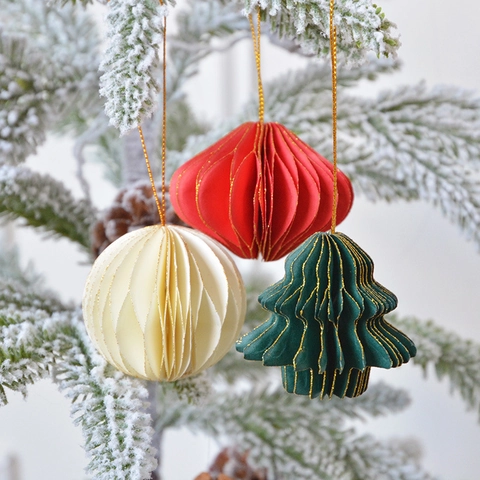 Honeycomb Paper Christmas Tree Hanging Ornaments Folding Gold Edge Glitter Festive Party Decor Window Display