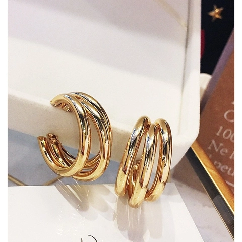 Triple Layered Hoop Earrings With Silver Earring Post Geometric C Shaped Metal Polished Chic Jewelry For Women