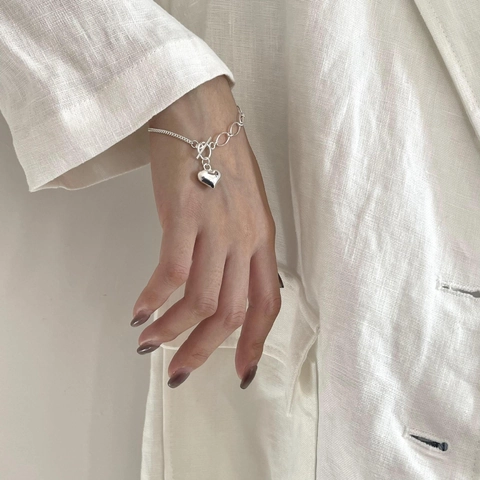925 Sterling Silver Heart Pendant Bracelet For Women Minimalist Korean Style Asymmetric Chain Toggle Clasp Polished