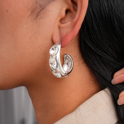 Geometric Earrings Silver Tone Alloy Crystal Artificial Pearl Hammered Metal Oversized Fashion Jewelry For Women With Silver Earring Post