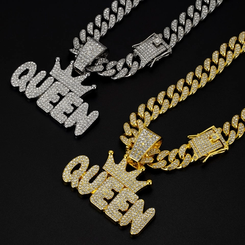 Hip Hop Queen Letter Pendant Necklace With Crown Zinc Alloy Full Rhinestone Cuban Chain Streetwear Jewelry For Men