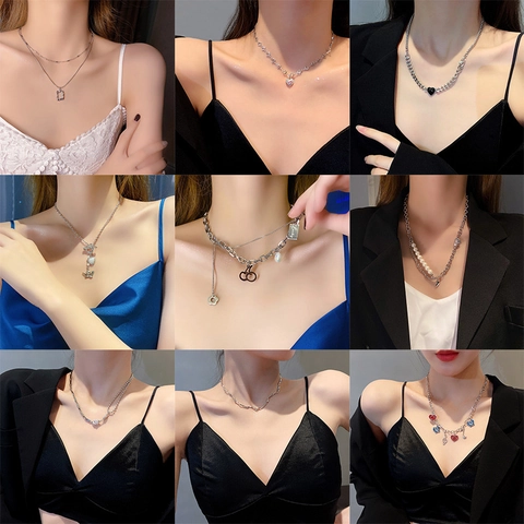 Fashion Stainless Steel Necklace For Women Double Layer Alloy Pendant Heart Butterfly Zircon Faux Artificial Pearl Minimalist Jewelry