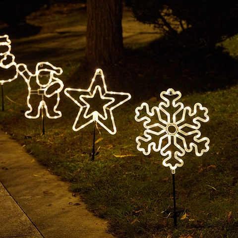 Christmas Stake Lights Outdoor Solar LED Star Snowflake Santa Snowman Shape Waterproof Garden Path Decorative Neon Lighting