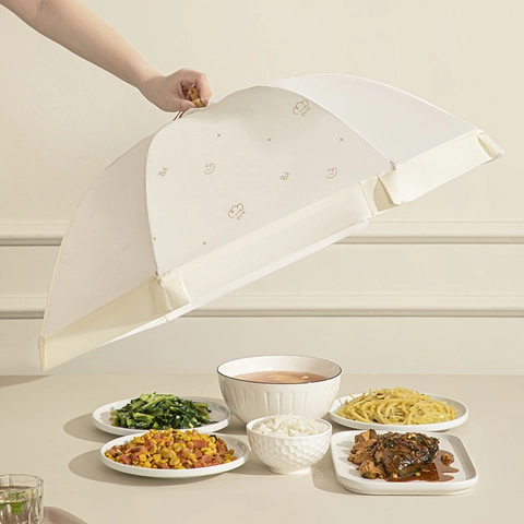 Foldable Mesh Food Cover Umbrella Breathable Dustproof Fly Proof For Dining Table Kitchen Chef Hat Pattern Wood Handle