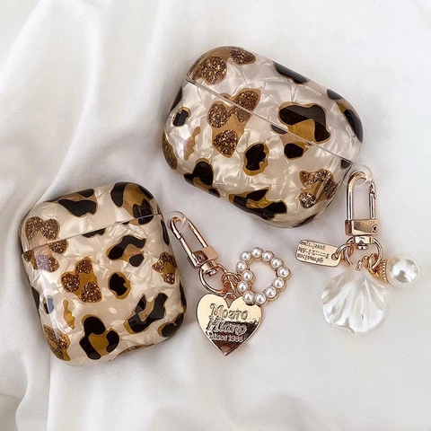 Funda Auriculares Estampado Leopardo Con Pulsera Perlas Artificiales Colgante Corazón Concha Lujo IMD TPU Para AirPods
