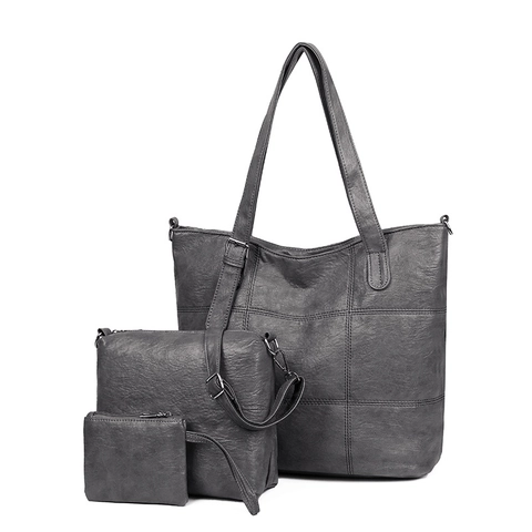 Women Vintage PU Leather Tote Crossbody Bag And Pouch Large Capacity Grid Stitching Shoulder Handbag For Travel Work