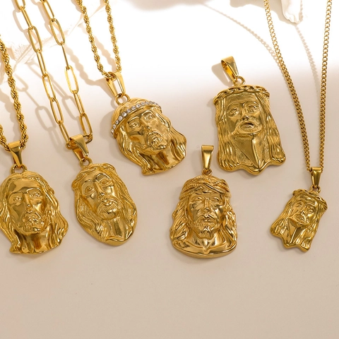 Jesus Head Pendant Necklace Stainless Steel Hip Hop Gold Plated Rhinestone Portrait Jewelry For Men
