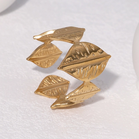 Anillo De Hoja De Acero Inoxidable Ajustable Joyería De Dedo Abierta Chapado En Oro Estilo Natural Para Mujer