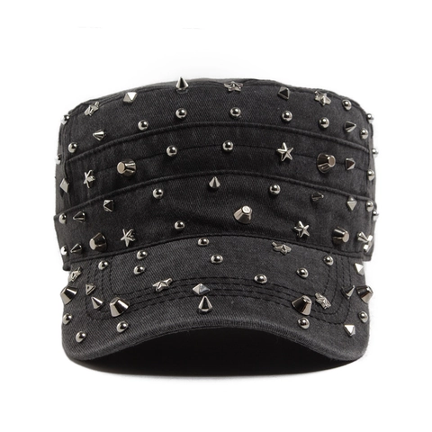 Berretto Cadet Punk Rock In Cotone Lavato Cappello Militare Con Borchie In Metallo Argento Vintage Regolabile