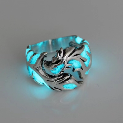 Vintage Chinese Style Metal Luminous Dragon Ring For Men Women Ethnic Glow In The Dark Adjustable Open Wide Band Jewelry Gift