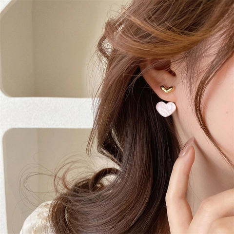 Pendientes De Corazón De Doble Capa Rosa Mármol Resina Aleación Con Poste De Plata Esterlina 925 Para Mujeres