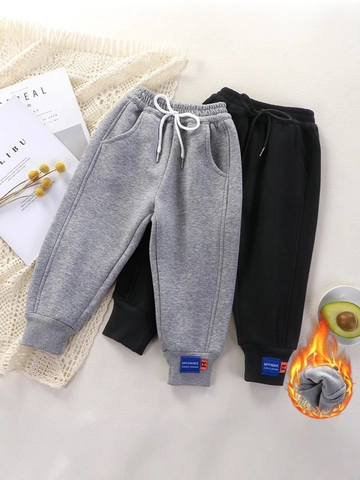 Kids Fleece Lined Joggers Boys Girls Winter Warm Sweatpants Elastic Waist Drawstring Sport Trousers Children Bottoms