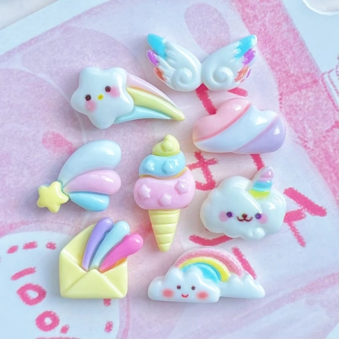 Mini Resin Flatback Charms Rainbow Cloud Star Wings Ice Cream Heart DIY Craft Phone Case Decor Hair Clip Nail Art Cute