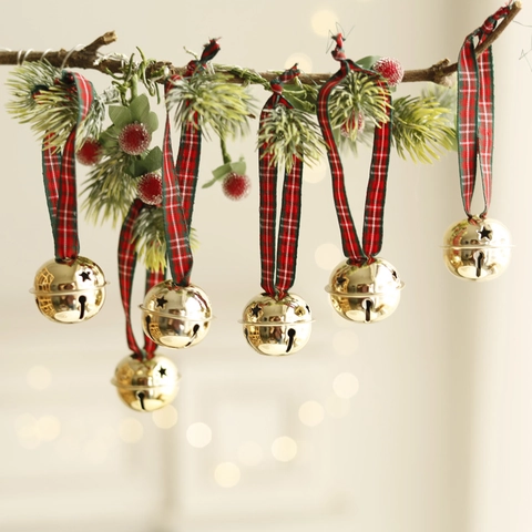 Christmas Bell Pendants Star Shaped Hollow Metal Gold With Red Green Plaid Ribbon Holiday Tree Decoration Hanging Ornament